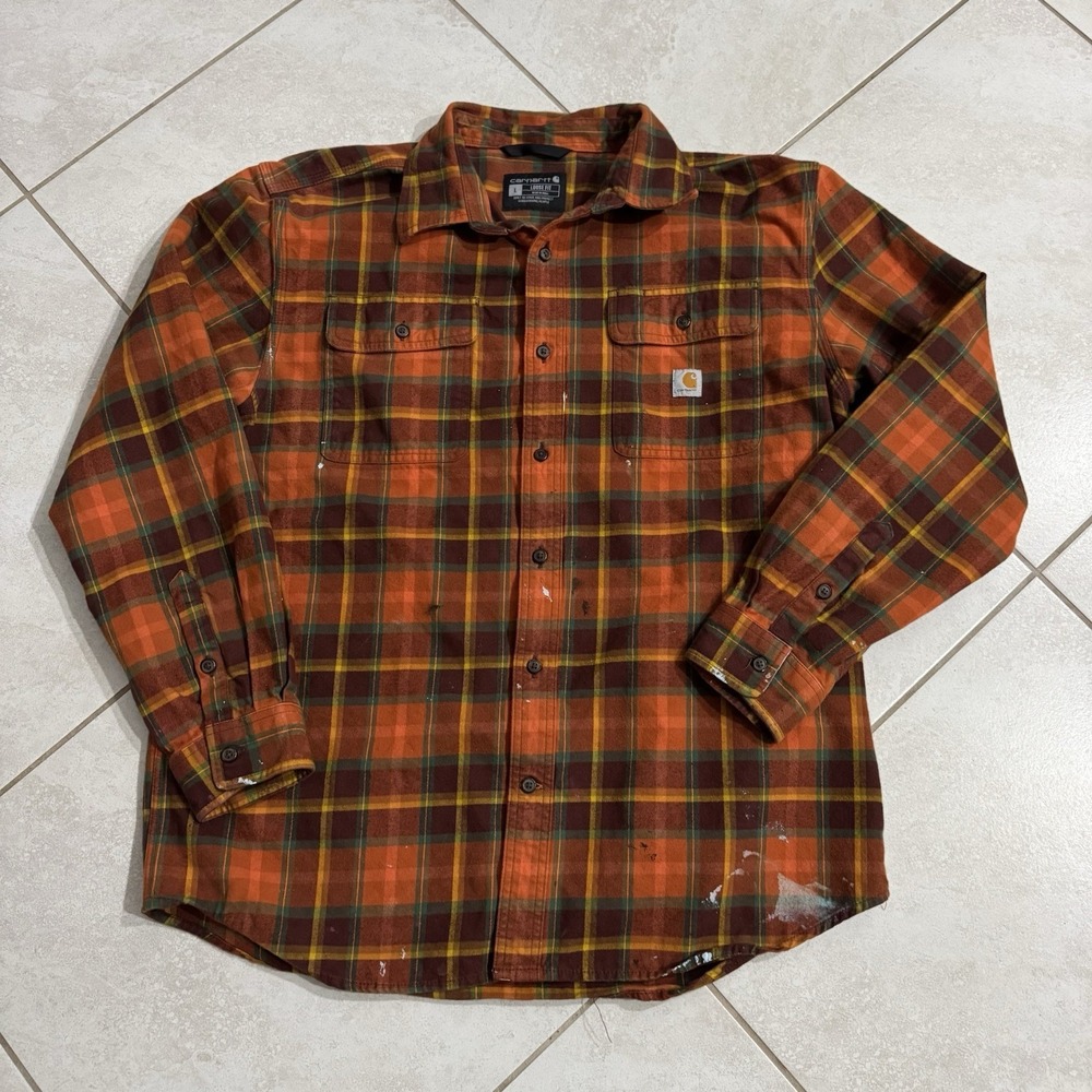 Carharrt Heavyweight Flannel Shirt Mens‎ L Plaid Fall Loose Fit Workwear Stains